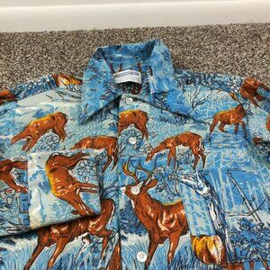 Vintage 60s 70s Flannel Shirt All Over Deer Print Permanent Press Mens Small